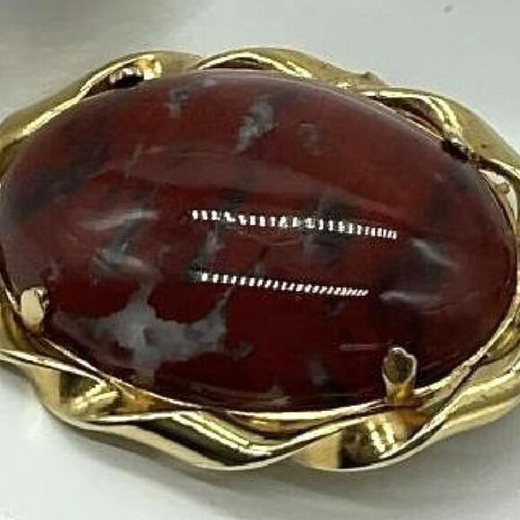 Vintage Gold Filled Brecciated Jasper Brooch Fancy Pin Elegant - Picture 2 of 4